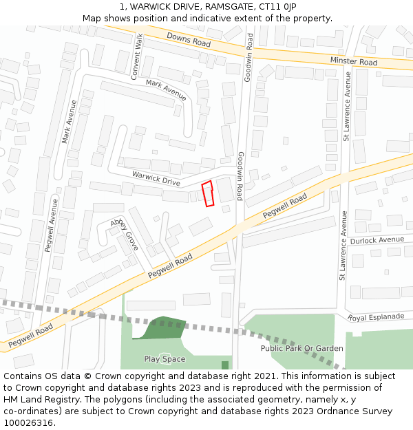 1, WARWICK DRIVE, RAMSGATE, CT11 0JP: Location map and indicative extent of plot
