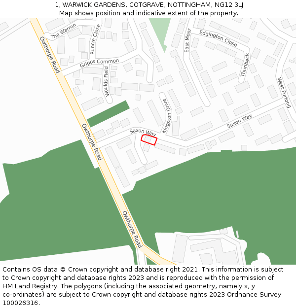1, WARWICK GARDENS, COTGRAVE, NOTTINGHAM, NG12 3LJ: Location map and indicative extent of plot