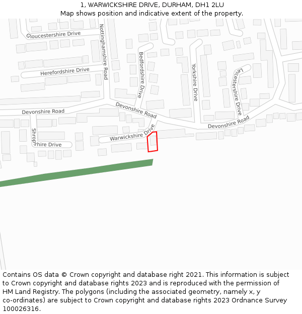 1, WARWICKSHIRE DRIVE, DURHAM, DH1 2LU: Location map and indicative extent of plot