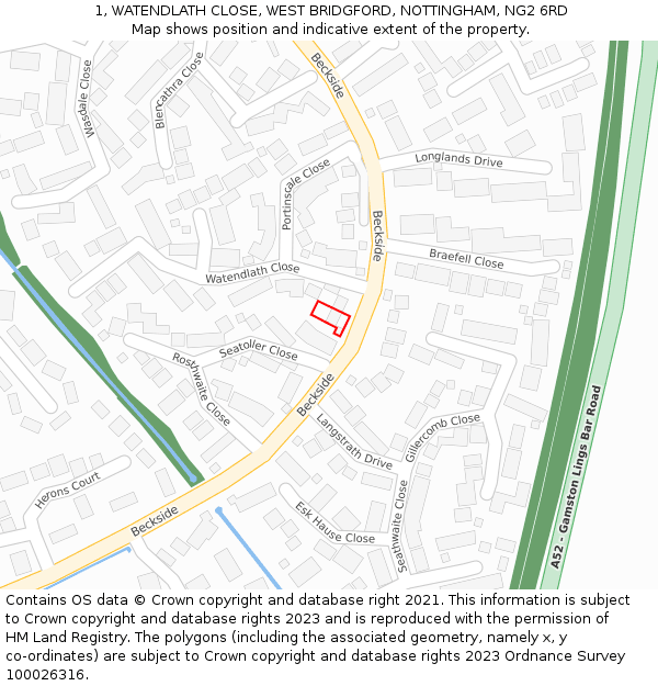 1, WATENDLATH CLOSE, WEST BRIDGFORD, NOTTINGHAM, NG2 6RD: Location map and indicative extent of plot