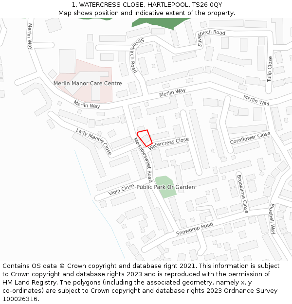 1, WATERCRESS CLOSE, HARTLEPOOL, TS26 0QY: Location map and indicative extent of plot