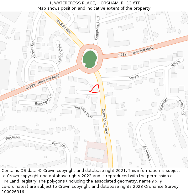 1, WATERCRESS PLACE, HORSHAM, RH13 6TT: Location map and indicative extent of plot