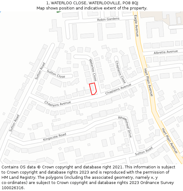 1, WATERLOO CLOSE, WATERLOOVILLE, PO8 8QJ: Location map and indicative extent of plot