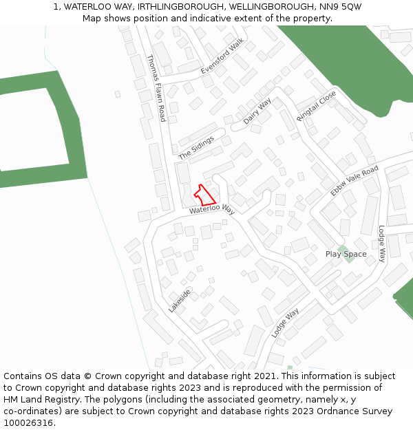 1, WATERLOO WAY, IRTHLINGBOROUGH, WELLINGBOROUGH, NN9 5QW: Location map and indicative extent of plot