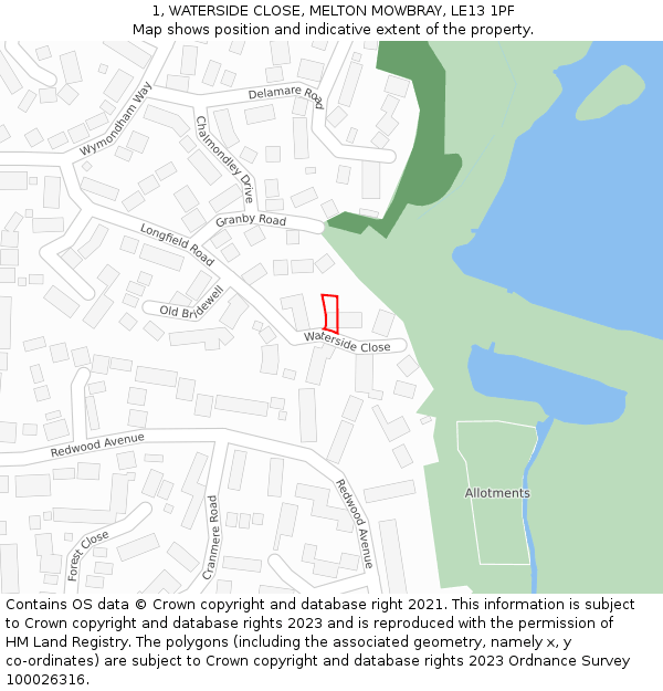 1, WATERSIDE CLOSE, MELTON MOWBRAY, LE13 1PF: Location map and indicative extent of plot