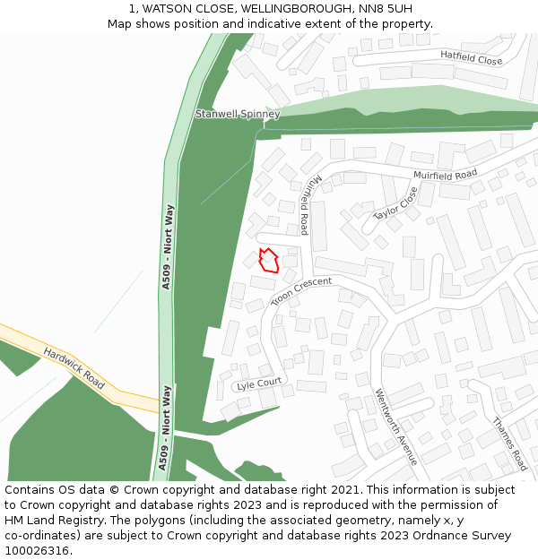 1, WATSON CLOSE, WELLINGBOROUGH, NN8 5UH: Location map and indicative extent of plot