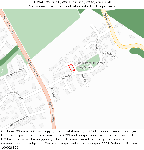 1, WATSON DENE, POCKLINGTON, YORK, YO42 2WB: Location map and indicative extent of plot