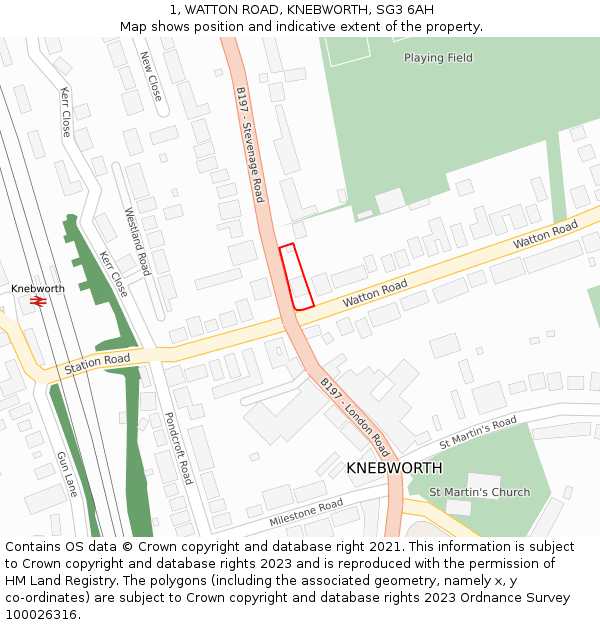 1, WATTON ROAD, KNEBWORTH, SG3 6AH: Location map and indicative extent of plot