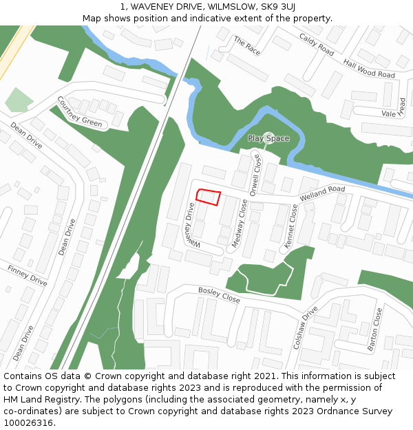 1, WAVENEY DRIVE, WILMSLOW, SK9 3UJ: Location map and indicative extent of plot