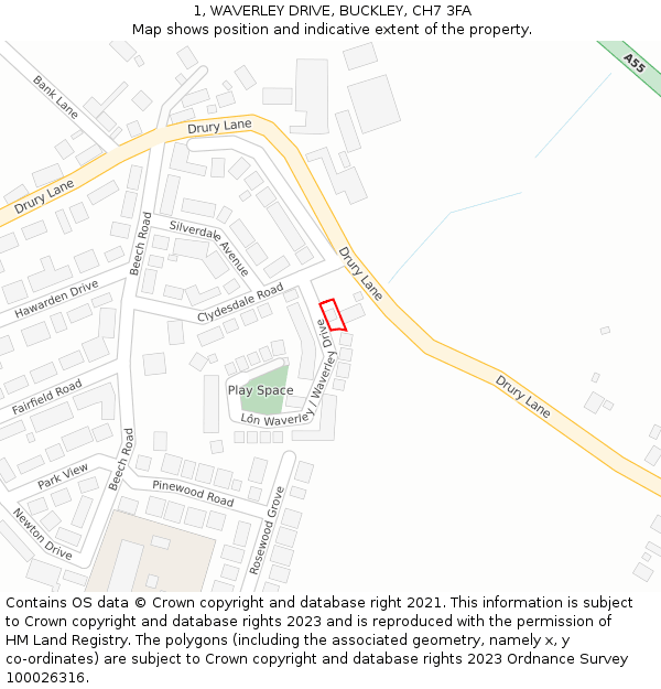 1, WAVERLEY DRIVE, BUCKLEY, CH7 3FA: Location map and indicative extent of plot