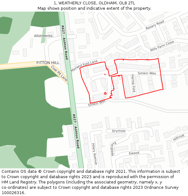 1, WEATHERLY CLOSE, OLDHAM, OL8 2TL: Location map and indicative extent of plot