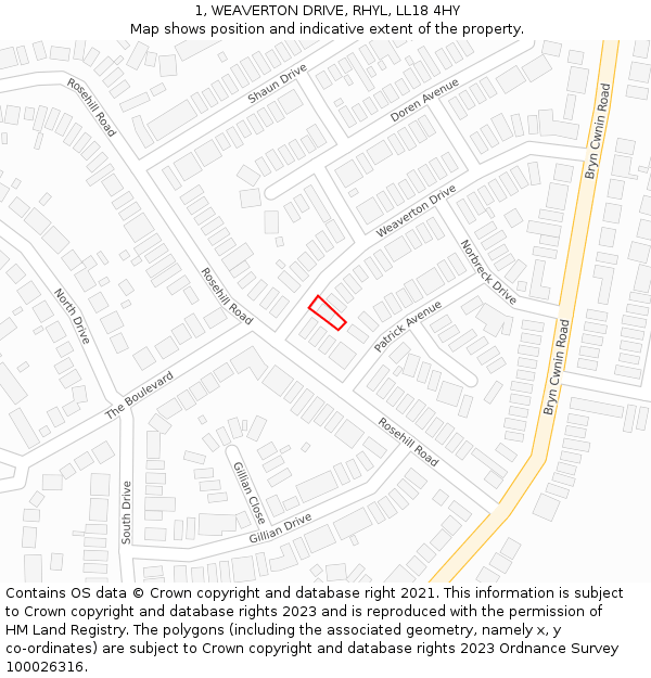 1, WEAVERTON DRIVE, RHYL, LL18 4HY: Location map and indicative extent of plot