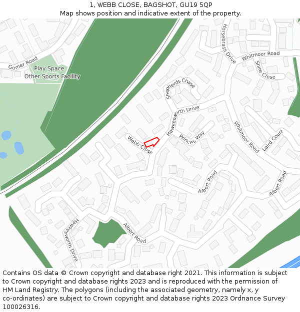 1, WEBB CLOSE, BAGSHOT, GU19 5QP: Location map and indicative extent of plot