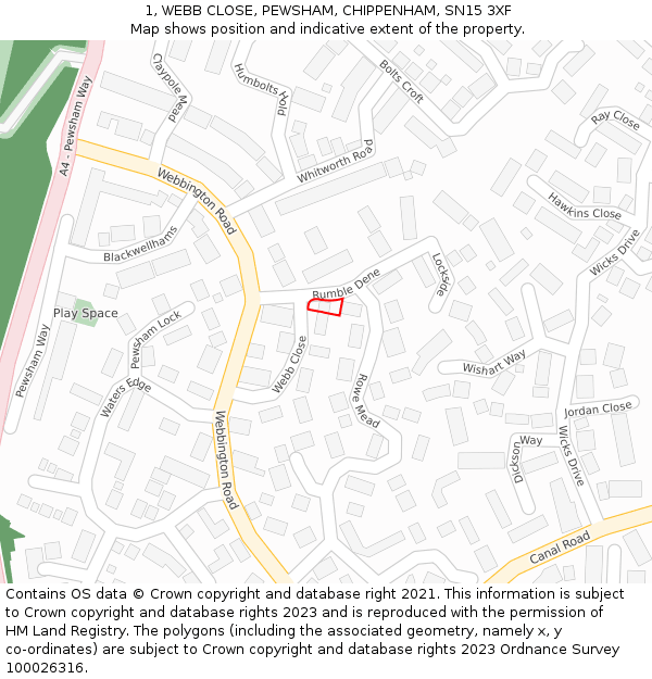 1, WEBB CLOSE, PEWSHAM, CHIPPENHAM, SN15 3XF: Location map and indicative extent of plot