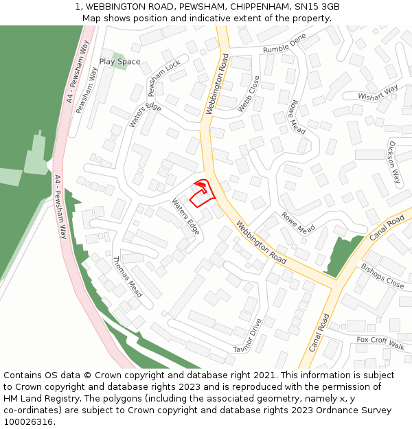 1, WEBBINGTON ROAD, PEWSHAM, CHIPPENHAM, SN15 3GB: Location map and indicative extent of plot
