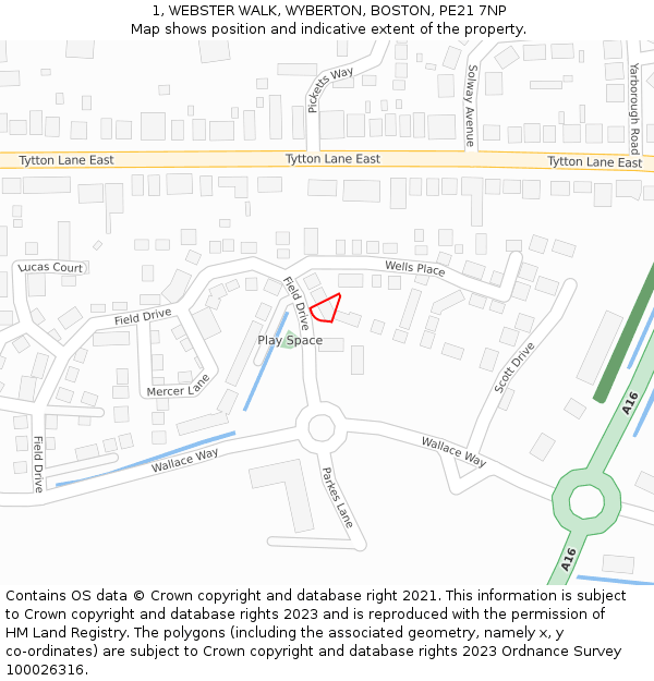 1, WEBSTER WALK, WYBERTON, BOSTON, PE21 7NP: Location map and indicative extent of plot