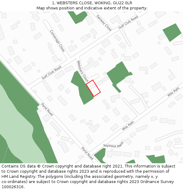 1, WEBSTERS CLOSE, WOKING, GU22 0LR: Location map and indicative extent of plot