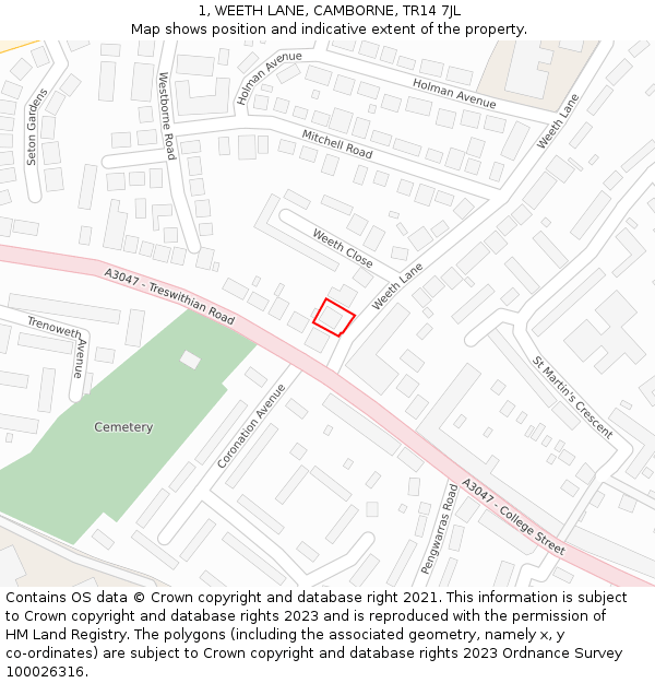 1, WEETH LANE, CAMBORNE, TR14 7JL: Location map and indicative extent of plot