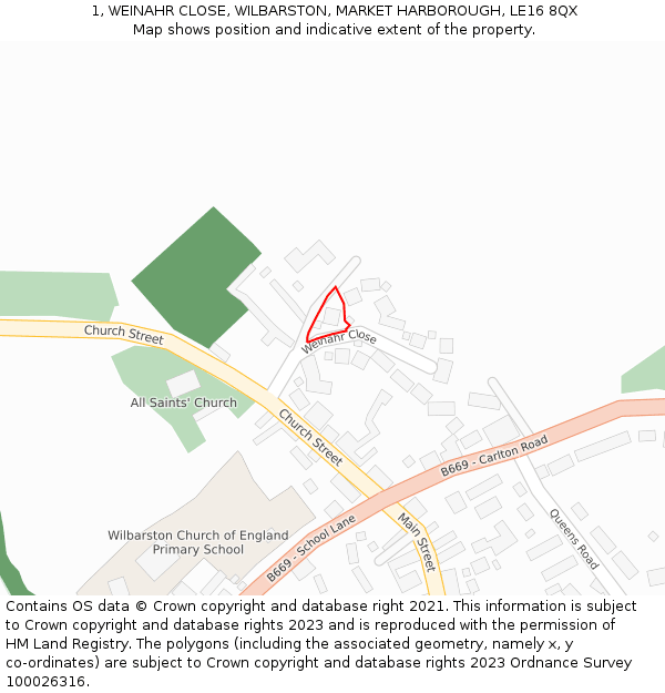 1, WEINAHR CLOSE, WILBARSTON, MARKET HARBOROUGH, LE16 8QX: Location map and indicative extent of plot