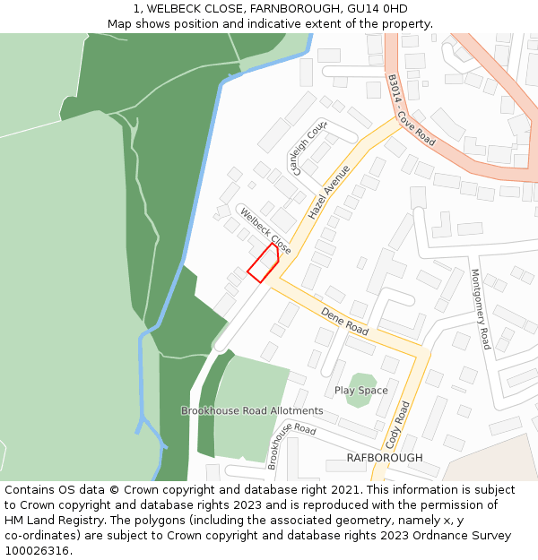 1, WELBECK CLOSE, FARNBOROUGH, GU14 0HD: Location map and indicative extent of plot