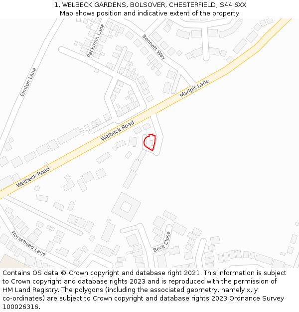 1, WELBECK GARDENS, BOLSOVER, CHESTERFIELD, S44 6XX: Location map and indicative extent of plot