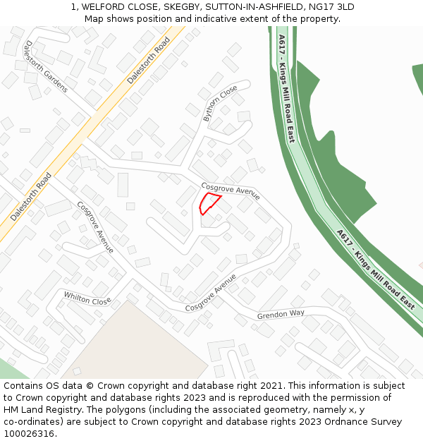 1, WELFORD CLOSE, SKEGBY, SUTTON-IN-ASHFIELD, NG17 3LD: Location map and indicative extent of plot