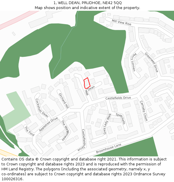 1, WELL DEAN, PRUDHOE, NE42 5QQ: Location map and indicative extent of plot