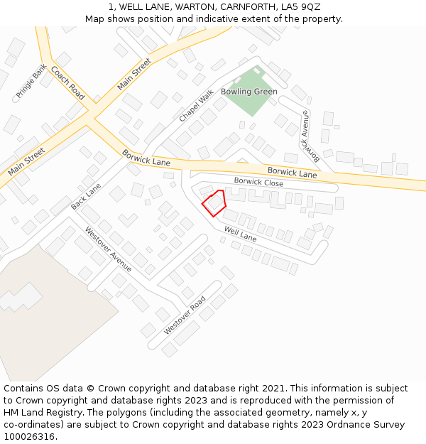 1, WELL LANE, WARTON, CARNFORTH, LA5 9QZ: Location map and indicative extent of plot