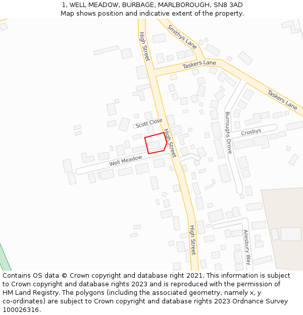 1, WELL MEADOW, BURBAGE, MARLBOROUGH, SN8 3AD: Location map and indicative extent of plot