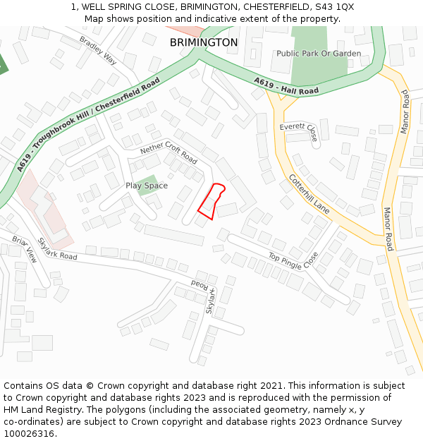 1, WELL SPRING CLOSE, BRIMINGTON, CHESTERFIELD, S43 1QX: Location map and indicative extent of plot