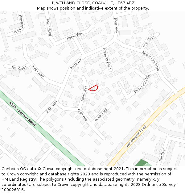 1, WELLAND CLOSE, COALVILLE, LE67 4BZ: Location map and indicative extent of plot