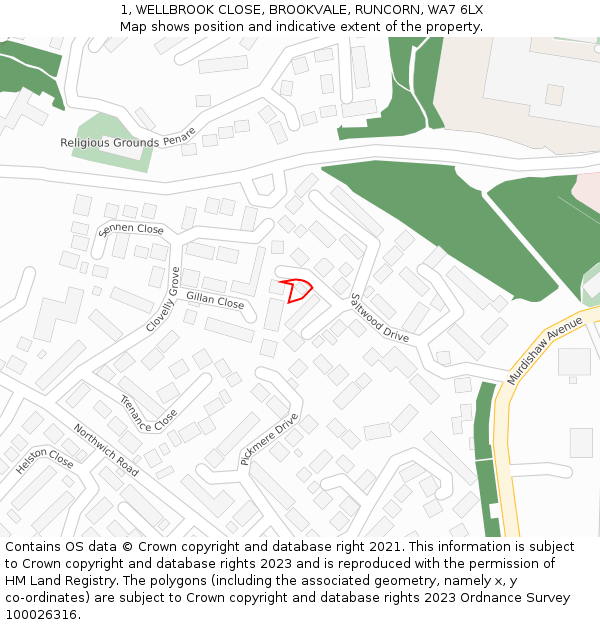 1, WELLBROOK CLOSE, BROOKVALE, RUNCORN, WA7 6LX: Location map and indicative extent of plot