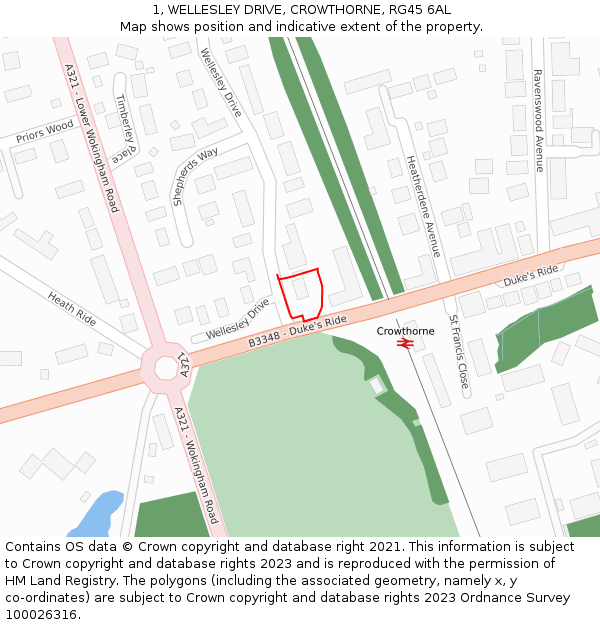 1, WELLESLEY DRIVE, CROWTHORNE, RG45 6AL: Location map and indicative extent of plot