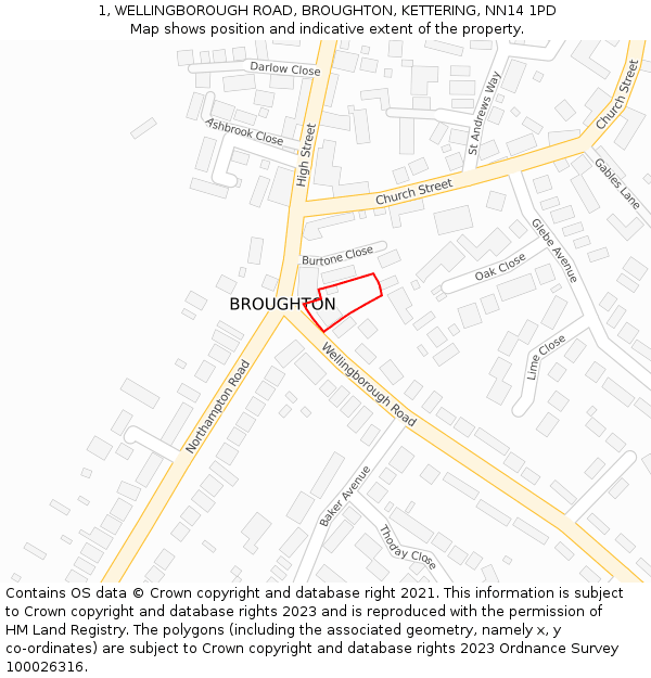 1, WELLINGBOROUGH ROAD, BROUGHTON, KETTERING, NN14 1PD: Location map and indicative extent of plot