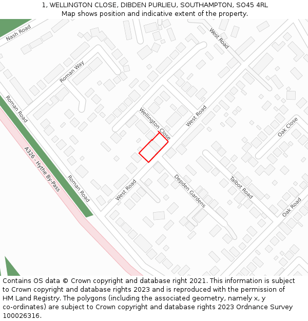 1, WELLINGTON CLOSE, DIBDEN PURLIEU, SOUTHAMPTON, SO45 4RL: Location map and indicative extent of plot