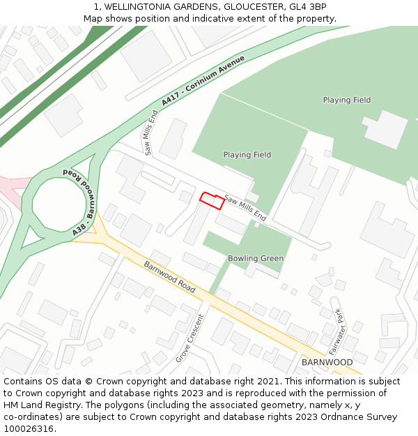 1, WELLINGTONIA GARDENS, GLOUCESTER, GL4 3BP: Location map and indicative extent of plot