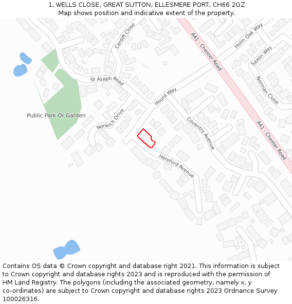 1, WELLS CLOSE, GREAT SUTTON, ELLESMERE PORT, CH66 2GZ: Location map and indicative extent of plot