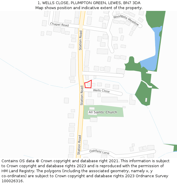 1, WELLS CLOSE, PLUMPTON GREEN, LEWES, BN7 3DA: Location map and indicative extent of plot