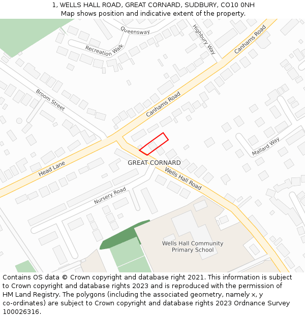 1, WELLS HALL ROAD, GREAT CORNARD, SUDBURY, CO10 0NH: Location map and indicative extent of plot