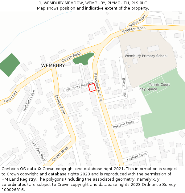 1, WEMBURY MEADOW, WEMBURY, PLYMOUTH, PL9 0LG: Location map and indicative extent of plot