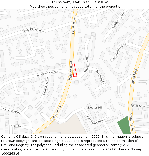 1, WENDRON WAY, BRADFORD, BD10 8TW: Location map and indicative extent of plot
