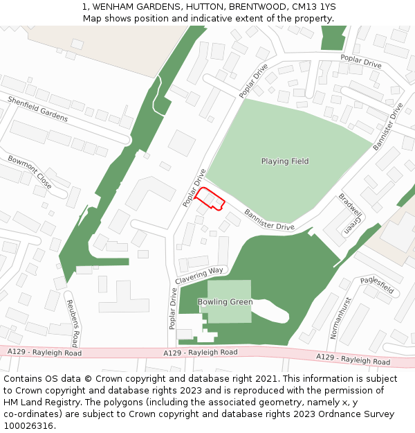 1, WENHAM GARDENS, HUTTON, BRENTWOOD, CM13 1YS: Location map and indicative extent of plot