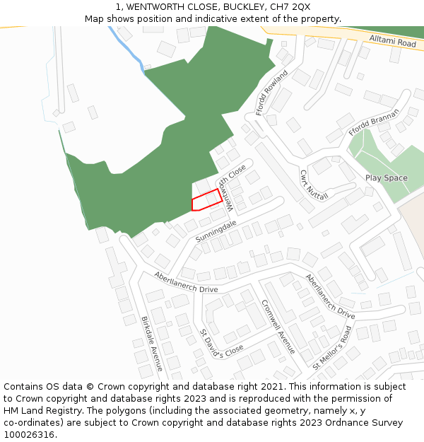 1, WENTWORTH CLOSE, BUCKLEY, CH7 2QX: Location map and indicative extent of plot