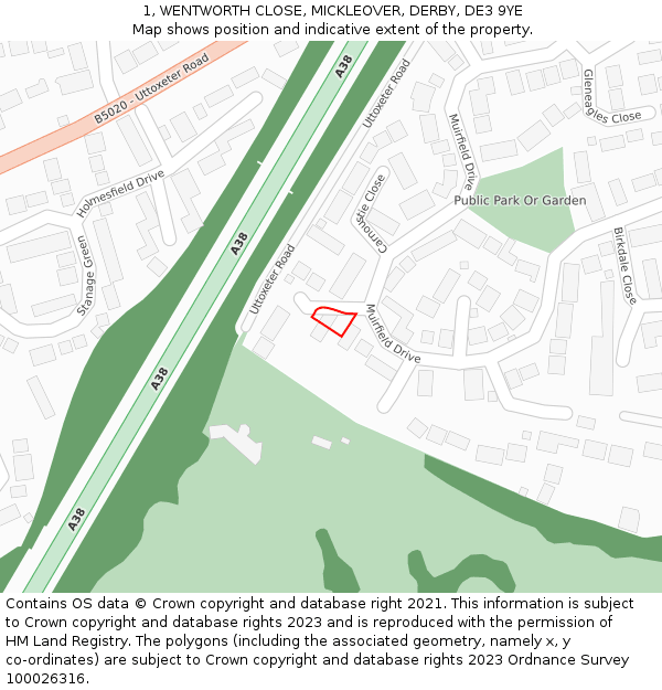 1, WENTWORTH CLOSE, MICKLEOVER, DERBY, DE3 9YE: Location map and indicative extent of plot