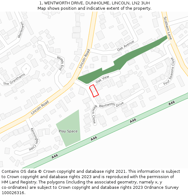 1, WENTWORTH DRIVE, DUNHOLME, LINCOLN, LN2 3UH: Location map and indicative extent of plot