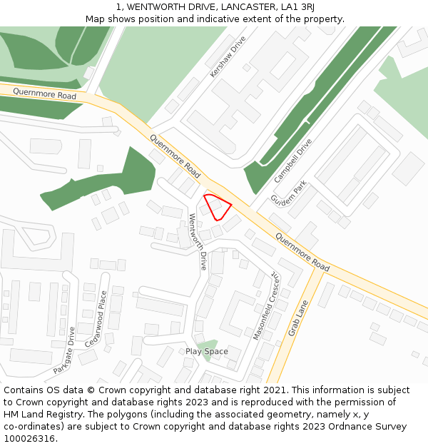 1, WENTWORTH DRIVE, LANCASTER, LA1 3RJ: Location map and indicative extent of plot