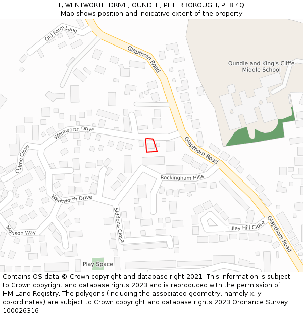 1, WENTWORTH DRIVE, OUNDLE, PETERBOROUGH, PE8 4QF: Location map and indicative extent of plot