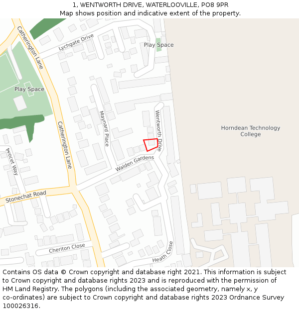 1, WENTWORTH DRIVE, WATERLOOVILLE, PO8 9PR: Location map and indicative extent of plot