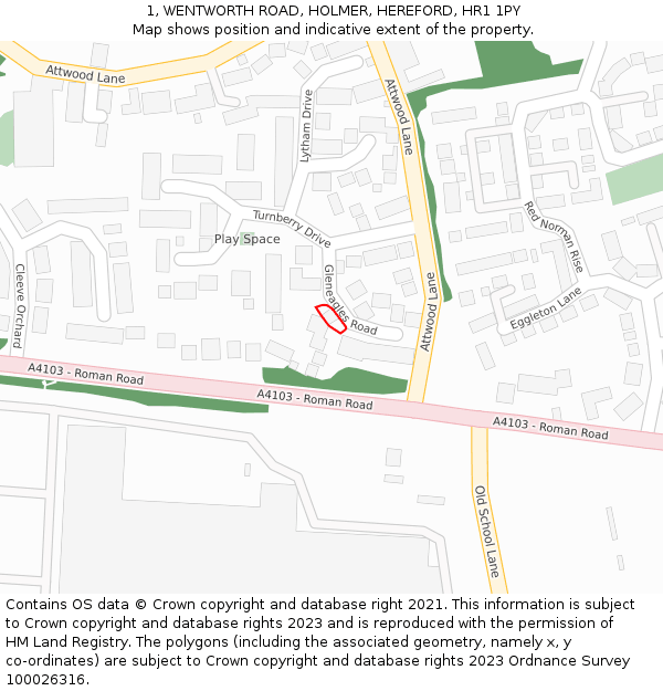 1, WENTWORTH ROAD, HOLMER, HEREFORD, HR1 1PY: Location map and indicative extent of plot