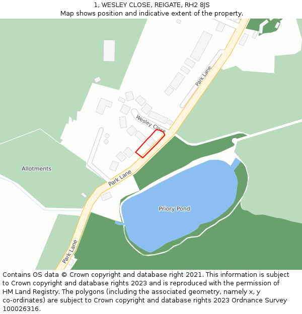 1, WESLEY CLOSE, REIGATE, RH2 8JS: Location map and indicative extent of plot
